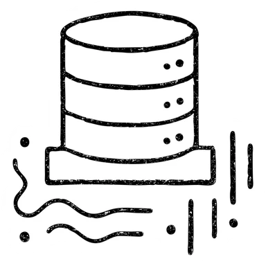 abstract minimalist hand-drawn outlined icon of geometric forms hinting at database and basement, with abstract data streams of lines, dots, or waves, worn and distressed effect sticker