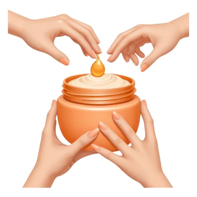 Minimal emoji of hands gently applying skincare cream, soft nude and peach tones, clean beauty aesthetic, calm and elegant, subtle glow sticker
