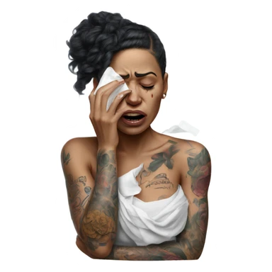 Hyper Realistic Beautiful tattooed woman crying holding a tissue   sticker
