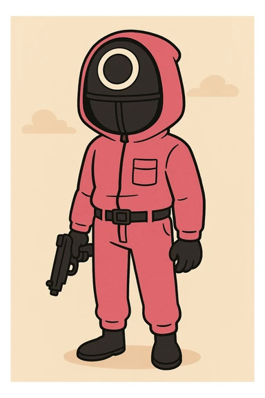 cartoon style squid game guard with pink jumpsuit sticker