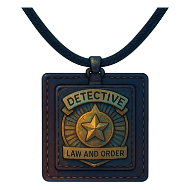 a detective badge, law and order. cyberpunk futuristic, square leather neck worn sticker