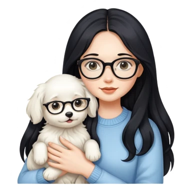 A beautiful girl with long black hair and glasses is holding a long-haired white puppy sticker