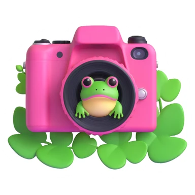 A pink camera with a frog on the screen and clovers around, 3D iOS style, vibrant pink camera with green frog and clovers, variation 2 sticker