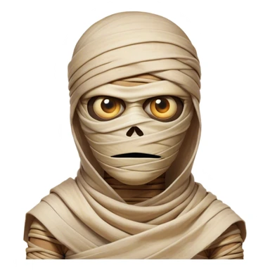 Cinematic Comical Mummy Portrait Emoji, with a humorously disheveled, oversized bandaged form in warm, faded hues, head cocked in a dramatically shocked expression with comically wide eyes peeking through the bandages, simplified yet hilariously expressive, highly detailed with a soft glowing outline that captures the absurd charm of an ancient mummy in playful astonishment! sticker