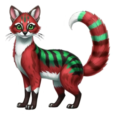 Colorful dark tropical sanguine-red, black, white fur, with green eyes, iridescent glorious divine exotic cute cool beautiful shiny beautiful fantasy-caracal-civet-genet-sergal-vernid-Cacomistle-oncilla-animal-Fakémon-hybrid-fursona with pattern markings (full body) sticker