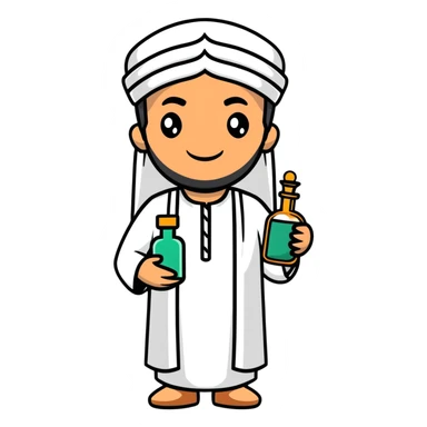 Arab man in traditional clothes holding a medicine bottle sticker