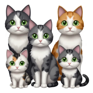 3 different coloured small cats including a dark grey and white, and a patchy calico and a completely solid dark grey with green eyes and only white paws sticker