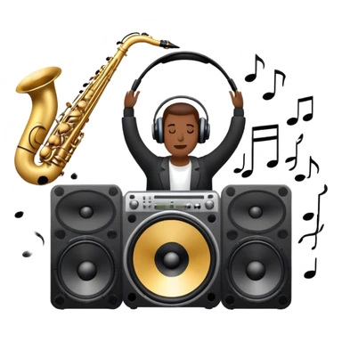 Icon for R&B Music Listening: large concert speakers and headphones with waves of musical notes coming out, along with drums and bass guitar and saxophone. The icon should convey the energetic and rhythmic vibe of R&B music. Transparent background sticker