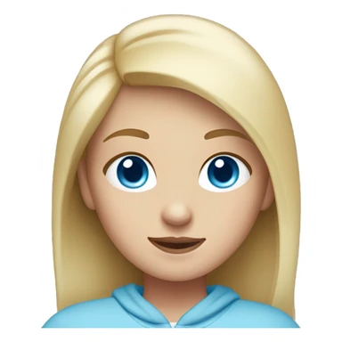 A girl with blue eyes and blonde hair and whitwhite skin and wearing a light blue sweatshirt sticker