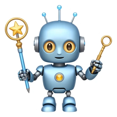 A cute robot is holding a magic wand, magic, emoji sticker