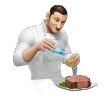 tim robinson dark black slicked back hair white long underwear waffle shirt pouring water from glass onto steak sticker