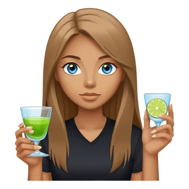 tan woman, black shirt, long light brown straight hair, grey blue eyes, holding a shot with lime sticker