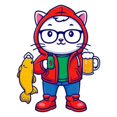 Catfish wearing a red hooded winter jacket, round glasses, blue jeans, red boots, holding a beer can with red label sticker