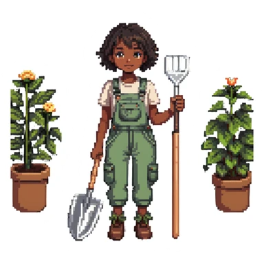 Beautiful brown skin girl with dark short hair wear garden overalls holding garden tools sticker