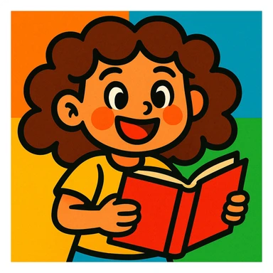 girl with brown curly hair holding a book, vibrant cartoon style sticker