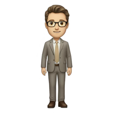 Full height Gesticulating Pale skinned fit man with dark brown hair in gray jacket, beige office shirt, brown tie, brown pants and vintage glasses. sticker