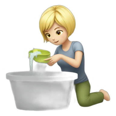 a blonde girl with short hair and a mask steals a basin with folded clothes sticker