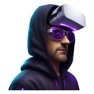 Russian man wearing a black hoodie with "OMG" letters on it and VR headset in a cyberpunk VR environment with violet neon lighting. sticker