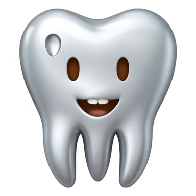 human tooth emoji, smooth chrome ceramic-metal texture, clean medical luxury aesthetic, isolated on white sticker