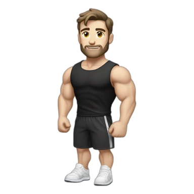 Idyll Pale skinned Fit Man With the biceps and dark brown hair in black shirt, gray sports shorts and white Sneakers sticker