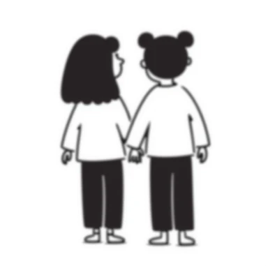 Silhouette of two identical twins seen from behind, standing side by side in pastel colors (dd9fb0, ffc6d3, a3bfc9, c4bee2, f1b091), hand-drawn doodle style sticker