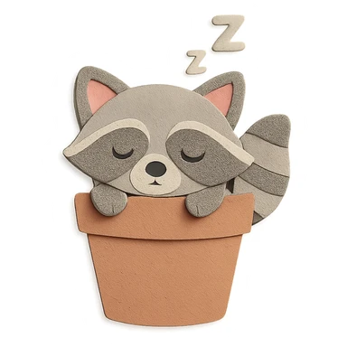 a sleepy raccoon inside a flower pot, pastel earthy colors, paper craft style sticker