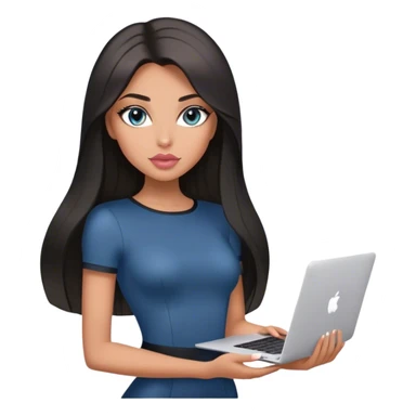 Glamours, tanned, very beautiful girl, with big pump peach-beige-rose lips, black straight smooth silky long hair, straight parting, blue-grey eyes, in short sleeves black bodysuit holding MacBook sticker