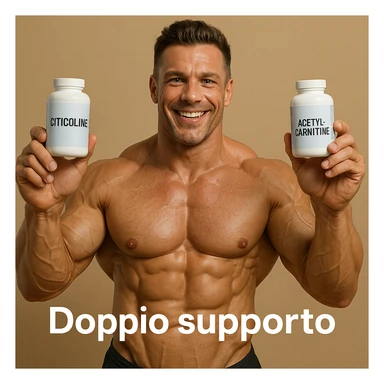hyper realistic bodybuilder smiling showing citicoline and acetylcarnitine, defined muscles, visible labels, text 'Doppio supporto', positive atmosphere sticker