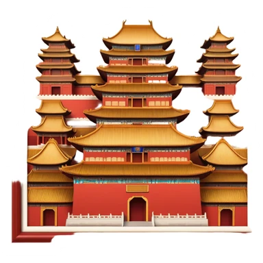 Cinematic Realistic Forbidden City Landmark Emoji, depicting grand imperial architecture with golden rooftops, vast courtyards, and intricate wooden carvings, all surrounded by towering red walls. sticker