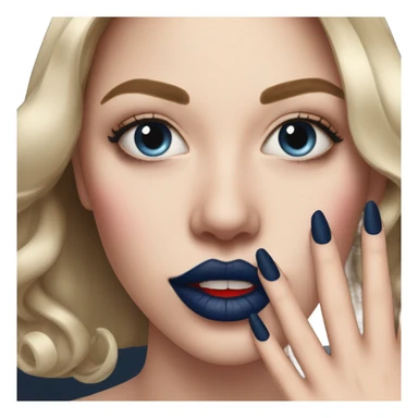 long dark blue manicure at the mouth with red lipstick sticker