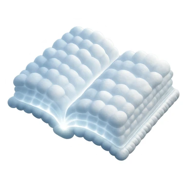 thick open book viewed from above, made entirely of small very bright white fluffy convex clouds, matte glass style, no background sticker