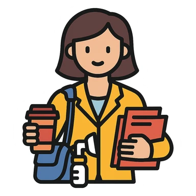 working mum with a breast pump bag, coffee cup, and files sticker