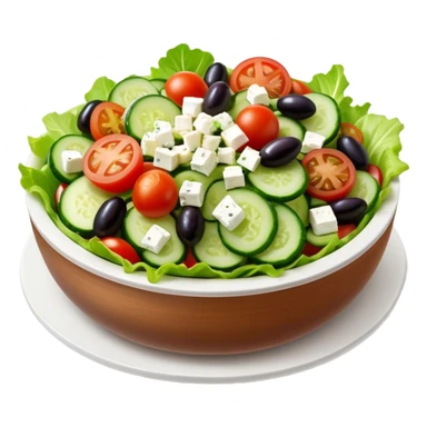 Cinematic Realistic Greek Salad Dish Emoji, depicted with crisp lettuce, tomatoes, cucumbers, olives, and feta cheese rendered with vibrant textures and fresh, natural lighting. sticker