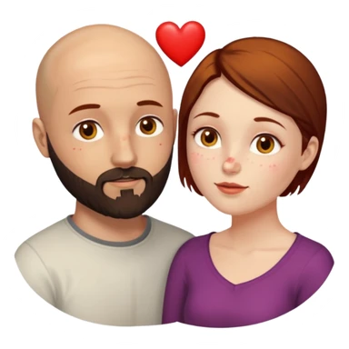 Couple. Bald man with dark brown-black beard. Woman with many small, faded, round, small freckles, white skin and she has auburn-yellow-brown dark hair. She has light yellow-brown eyes. He have hazel eyes. They look at each other. Many small red hearts around them. sticker