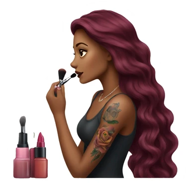 Beautiful tattooed burgundy long haired woman doing her makeup sticker