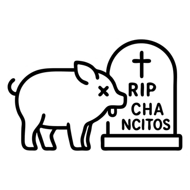 Add the text 'RIP CHANCHITOS' on the tombstone and depict the pig with a dead expression (X eyes, tongue out) in outline style, no background. sticker