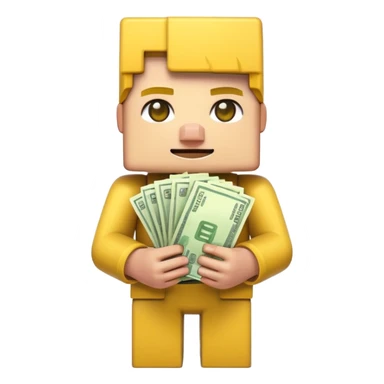 emoji style icon, minecraft blocky character holding a stack of money, pixel art style, bright colors, simple background, 3D glossy emoji, centered composition, soft shadow, high detail, clean outline, white background sticker