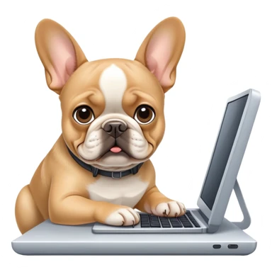 Tan french bulldog working behind computer sticker