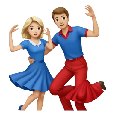 Two people. Man wearing all  RED with brown hair. Women  ALL blue with blond hair. Swing Dancing.  sticker