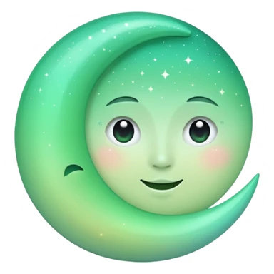 sparkly glossy pastel green-gradient crescent moon with a subtle face sticker