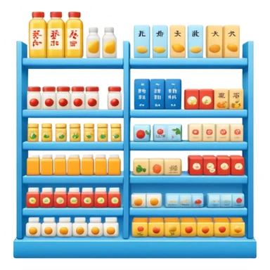 "Minimalist Japanese shelf display, identical products placed directly behind one another (same items stocked in depth), different product types arranged side by side, clean spacing, precise symmetry, soft neutral lighting, front-facing packages, ultra-detailed." sticker