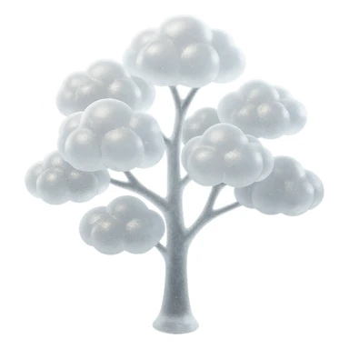 one tree with many branches and a white trunk, crown made of small very bright white fluffy convex clouds, matte glass style sticker