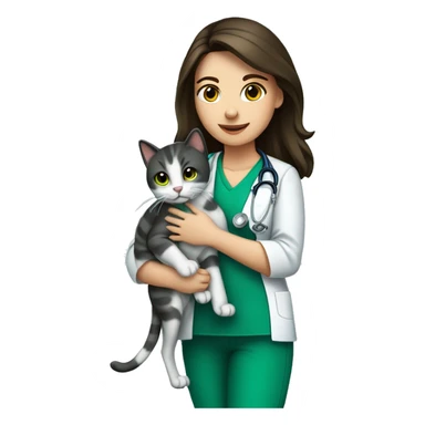 Pretty Brunette veterinary nurse. green scrubs holding a cat sticker