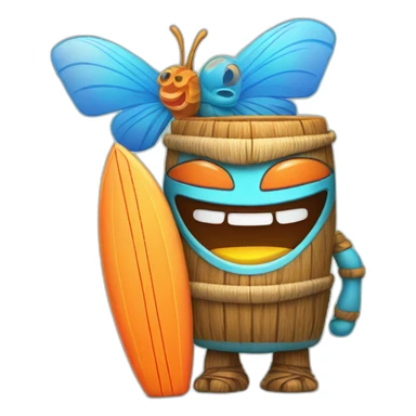 Cartoon Blue and orange smiling tiki with butterfly and surfboard sticker