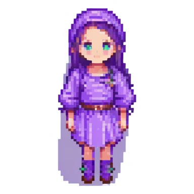 Change the girl's clothes to purple, keep the pixel art style, with no background. sticker