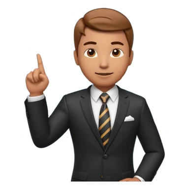A stylized 3D emoji icon of a male financial analyst in a sharp formal suit and tie. He has a confident, speaking expression and is pointing his finger back towards a large digital screen behind him. The screen is glowing with complex financial line graphs, upward arrow trends. sticker
