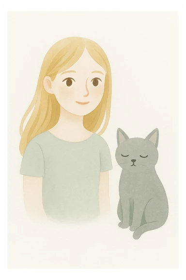 Change the girl's hairstyle to loose waves, keep long blond hair, brown eyes, and a grey cat, in a painterly, whimsical style with soft watercolor textures and delicate brush strokes. sticker