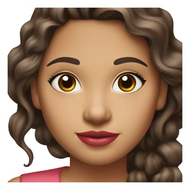 She has soft features, fair skin, and almond-shaped eyes. Her defined eyebrows and natural pink lips frame her face. Her dark, wavy hair is partly tied back, giving her an elegant yet relaxed look.  She wears a red V-neck long luxurious dress. White skin. sticker