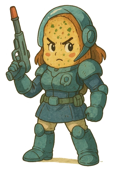 A female space warrior from a distant planet, except it’s garlic bread  sticker