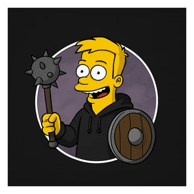 Regenerate the image keeping the same angle, facial expression, clothing, size ratio and shapes, but replace the computer, keyboard, and headset with a medieval mace and shield. Maintain the original style and color scheme as in the reference image. sticker